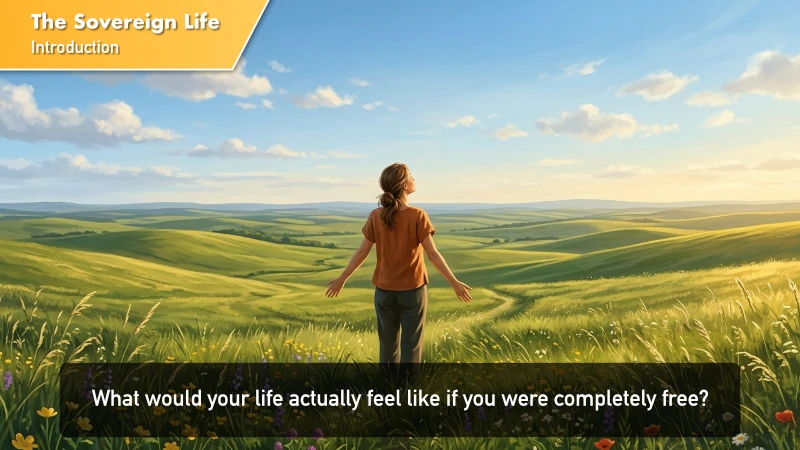 A person standing in a vast green open landscape with wildflowers, arms slightly open, face gently upward with an expression of deep quiet joy, no infrastructure visible anywhere, in warm golden afternoon light.