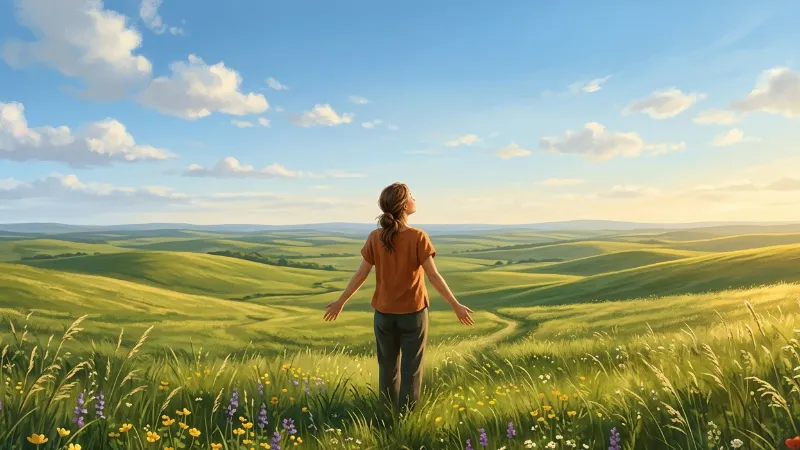 A person standing in a vast green open landscape with wildflowers, arms slightly open, face gently upward with an expression of deep quiet joy, no infrastructure visible anywhere, in warm golden afternoon light.