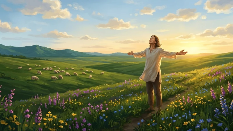 A person standing in a vast green open landscape with wildflowers, arms slightly open, face gently upward with an expression of deep quiet joy, no infrastructure visible anywhere, in warm golden afternoon light. In the background we see sheep roaming free in the grass field.