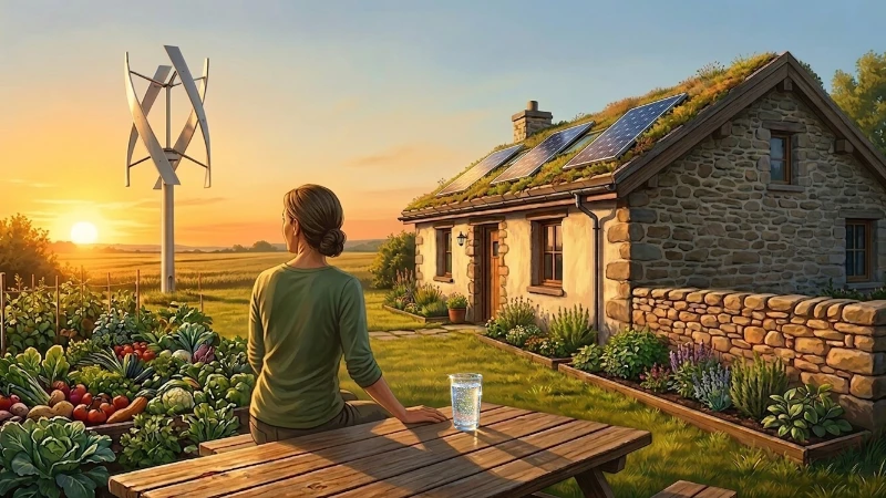 A thriving rural homestead scene containing all seven freedom pillars — a person enjoying the evening sun while seated at the garden bench with a fresh pure glass of water by her side, a food garden, a vertical axis wind turbine, a stone cottage with living roof, three solar panels giving free energy is mounted on the roof the cottage, a medicinal herb garden — all in warm golden afternoon light.