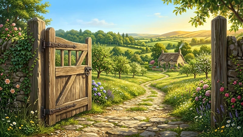 A wide stone path leading through a fully open weathered oak gate into a lush green landscape with meadows, fruit trees and a stone cottage in the distance, the viewpoint from just behind the threshold in warm golden morning light.