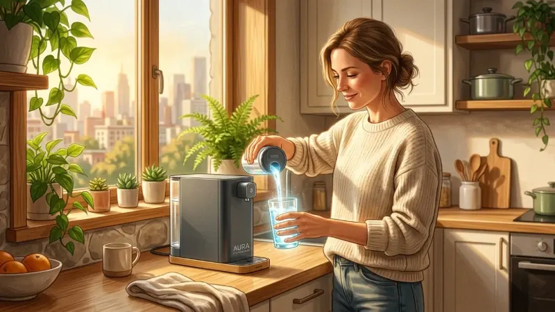 A person standing at a bright city apartment kitchen counter, pouring a glass of luminous crystal clear water from a sleek compact structured water filtration unit.