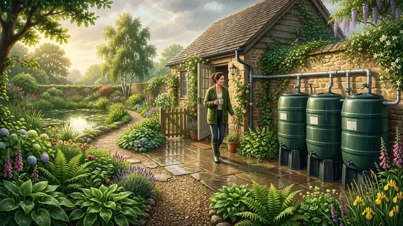 A person stepping outside after rain, looking with satisfaction at three large rainwater storage tanks connected to the roof, with a lush garden and small natural pond beyond.