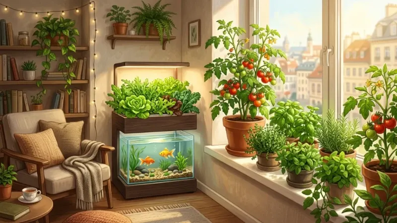 A cosy city apartment living space filled with thriving green life — tomatoes and herbs along a bright south-facing windowsill, a small elegant aquaponics unit in the corner with lush salad leaves growing above a calm water tank with two small fish visible below.
