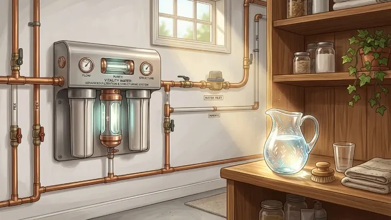 A whole-house water filtration and structuring unit in a utility room, with a beautiful hand-blown glass jug of luminous structured water glowing on the kitchen counter beside it.