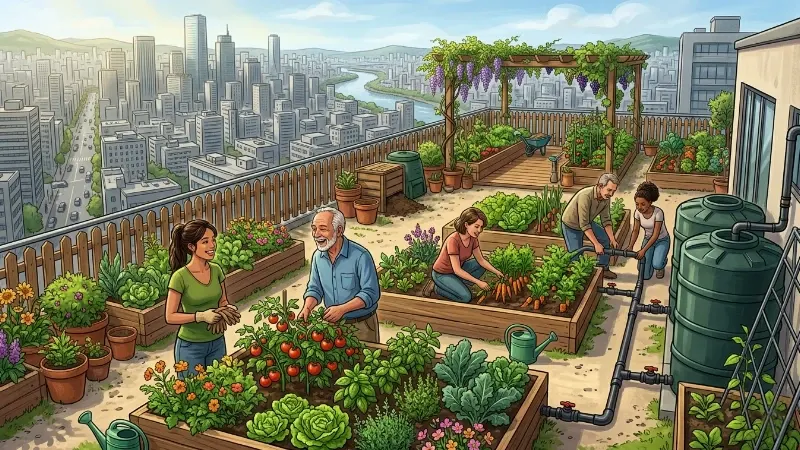 A lush productive rooftop garden on top of a city apartment building. Raised garden beds overflowing with vegetables and herbs.