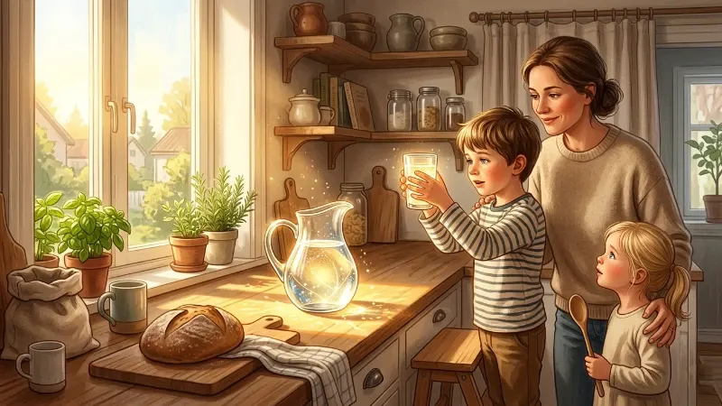 A parent and two children gathered in a bright kitchen around a beautiful glass jug of luminous structured water in morning sunlight, one child holding up a glowing glass with wonder.