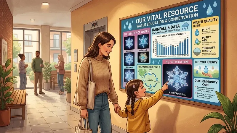 A bright building lobby with a beautifully designed water education display board on the wall — showing crystalline water structure images, rainfall data charts, and water quality information presented in a clear and beautiful way. A parent and young child stand in front of it, the child pointing at one of the water crystal images with curiosity and wonder. The board feels like something people actually stop to look at — welcoming, informative, alive. Warm colour palette, soft lighting, high detail, community and learning atmosphere.