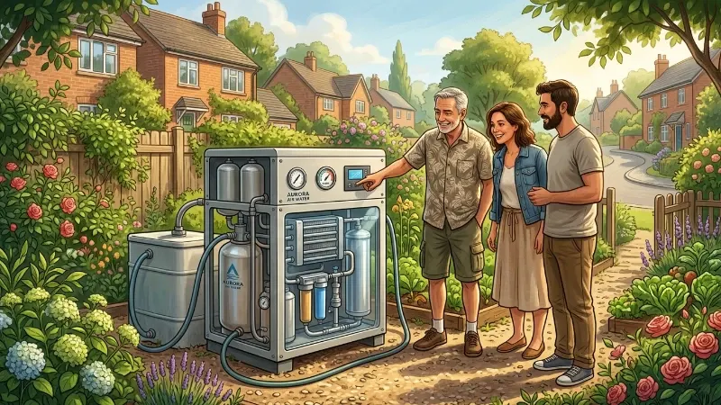 Neighbours gathered in a sunny garden around a large atmospheric water harvesting unit, examining it together with curiosity and quiet pride in what they have built collectively.