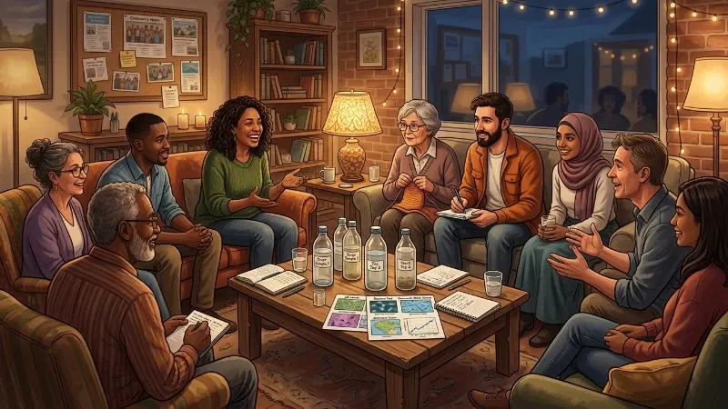A diverse group of eight to twelve neighbours gathered in a comfortable community common room — sitting in a loose circle, engaged and animated in conversation. A table in the centre holds glass bottles of water samples, a few open notebooks, and a simple display of printed water research images.
