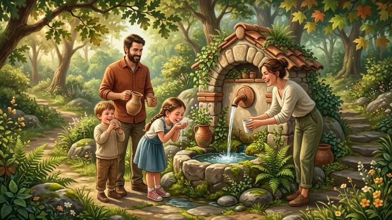 A family gathered around a beautiful natural spring drinking point in a green park setting, children drinking clear flowing water with delight, the spring surrounded by lush plants and mossy stones.