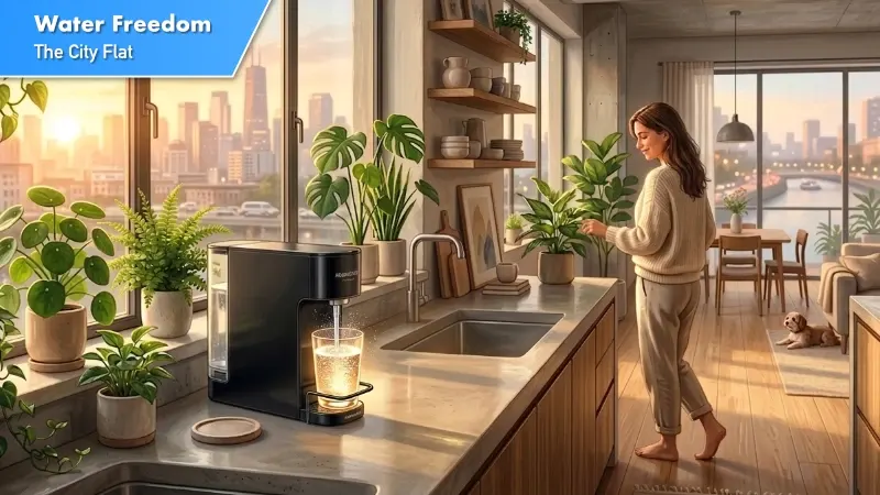 A beautiful city apartment interior — large windows showing a soft urban skyline beyond. On the kitchen counter in the foreground sits a sleek structured water filtration unit, and beside it a glass of luminous crystal clear water glowing softly in the morning light. Lush thriving green plants line the windowsills. A person in the background moves unhurriedly through their morning — calm, free, at peace.