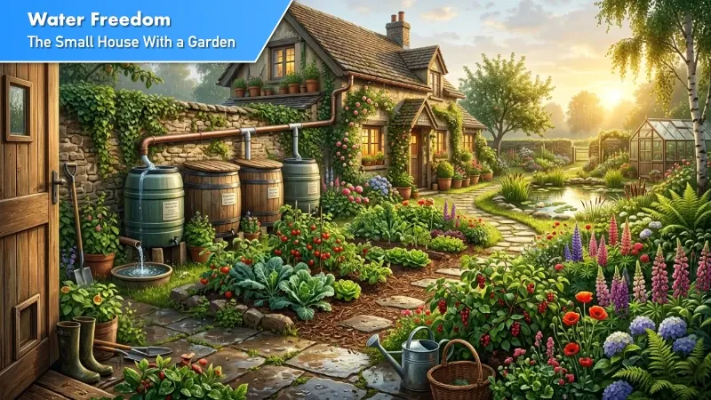 A beautiful small house with a garden viewed from just outside the back door — the scene feeling fresh, alive, and abundant after overnight rain. In the foreground, four large covered rainwater storage tanks sit along the garden wall, connected neatly to the roof downpipes, water still trickling in from the night's rain.