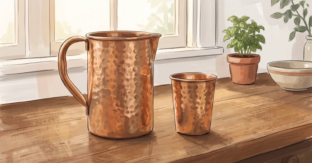 Illustration of a copper cup and water pitcher on a kitchen counter in warm morning light