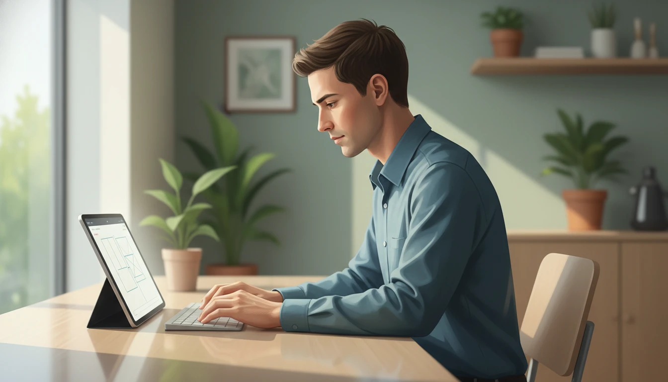 Professional in deep focus working at minimalist desk with single task visible and calm concentration