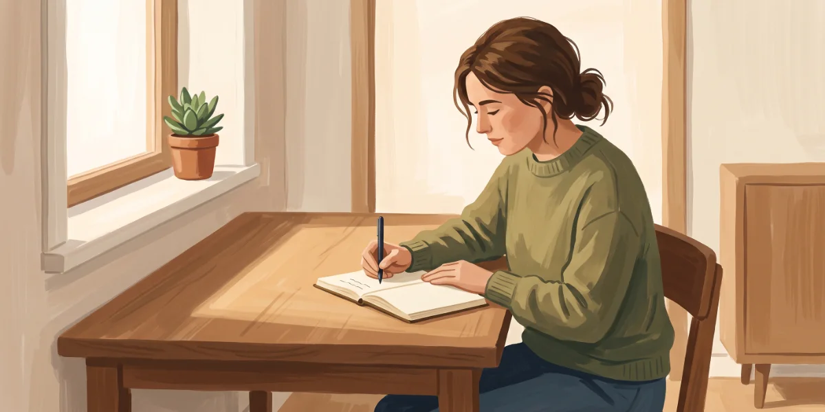 Illustration of a person sitting at a wooden desk by a sunlit window, writing in a notebook with a plant on the windowsill