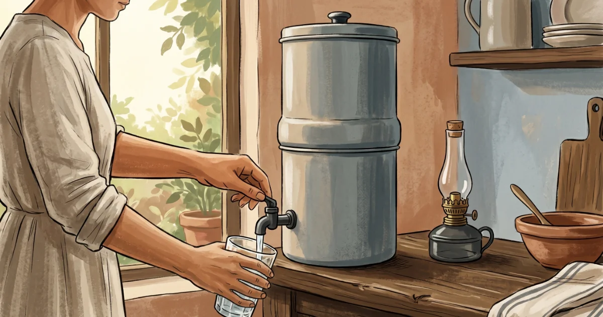 Illustration of a stacked ceramic gravity water filter on a kitchen counter with a glass being filled