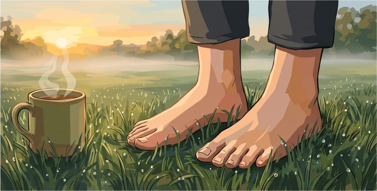 Illustration of bare feet standing in dew-covered grass at sunrise, with a steaming mug of coffee nearby