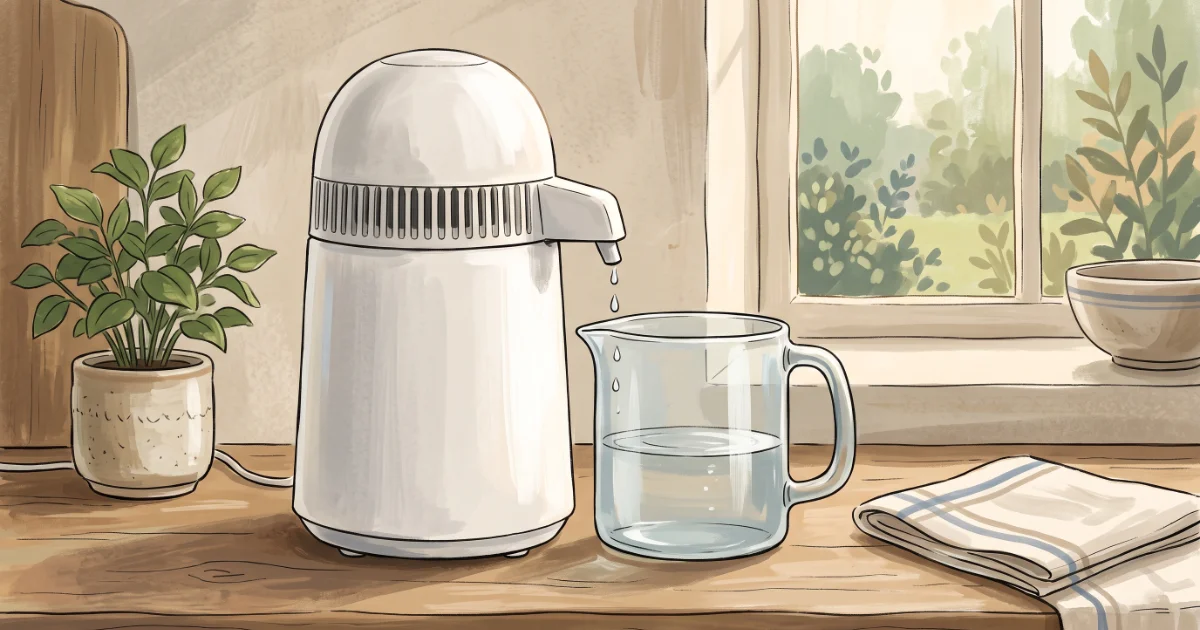 Illustration of a countertop electric water distiller with a collection jug on a kitchen counter