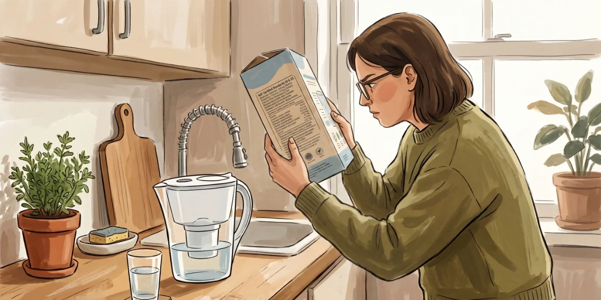 Illustration of a person reading NSF certification text on a water filter box beside a pitcher filter in a kitchen