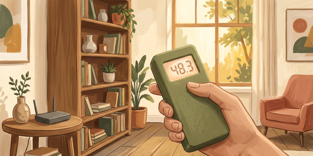 Illustration of a hand holding a handheld EMF meter with a glowing digital readout in a warmly lit living room