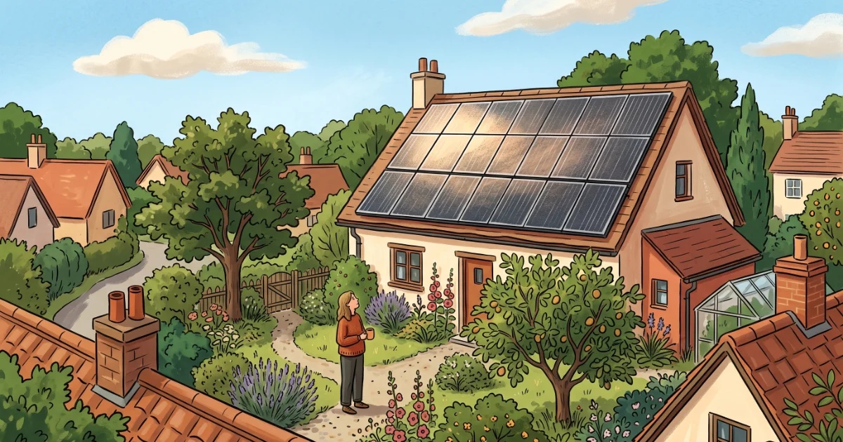 Illustration of a cottage rooftop covered in solar panels, with a person in the garden below looking up while holding a mug