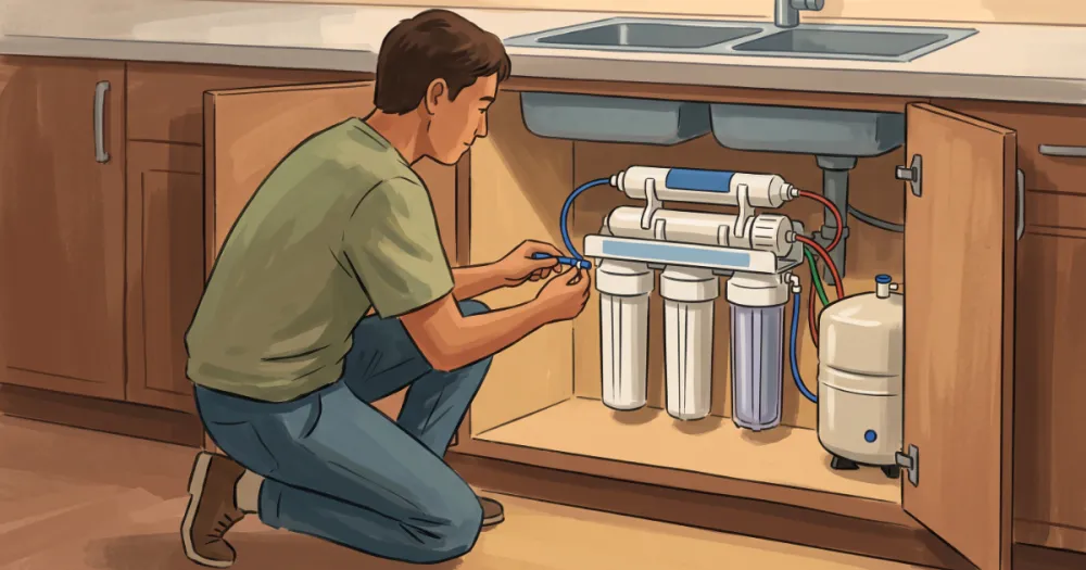 Illustration of a person installing an under-sink reverse osmosis water filter system with membrane housings visible