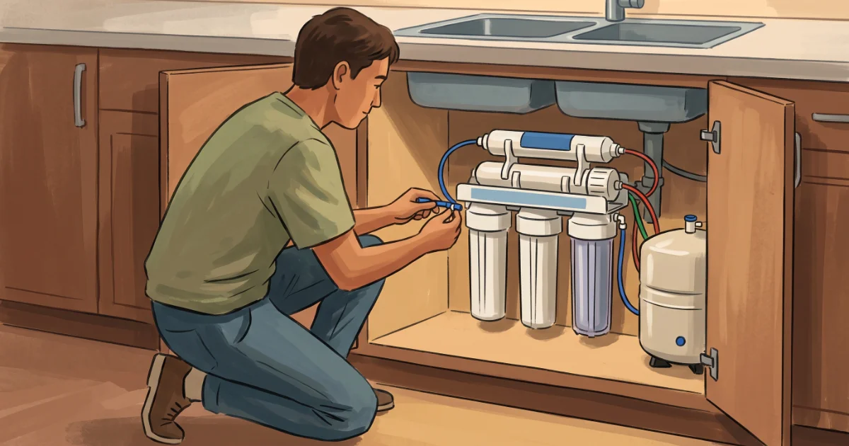 Illustration of a person installing an under-sink reverse osmosis water filter system with membrane housings visible