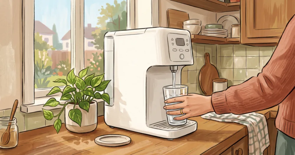 Illustration of a countertop reverse osmosis water purifier on a kitchen counter filling a glass