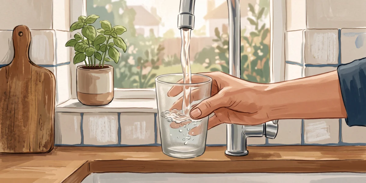 Illustration of a hand filling a glass of water from a kitchen tap beside a sunlit window
