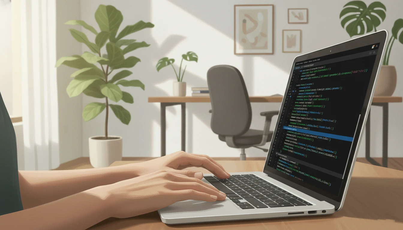 Peaceful workspace showing hands on laptop with plants and natural lighting representing mindful technology use