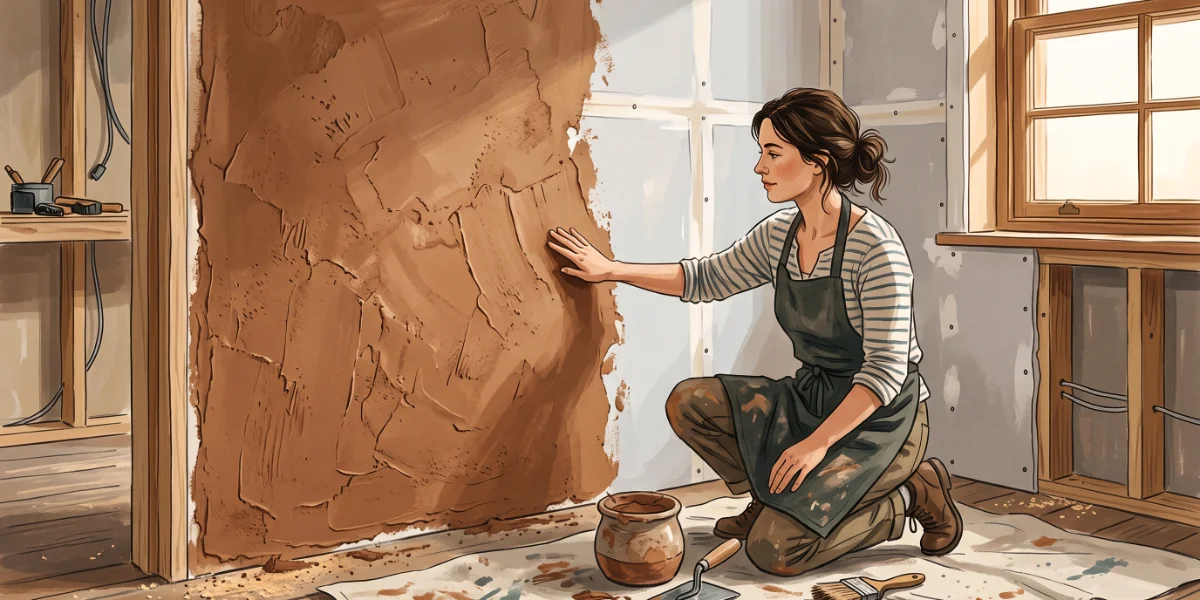 Illustration of a person kneeling to touch a clay-plastered wall beside a section of bare plasterboard