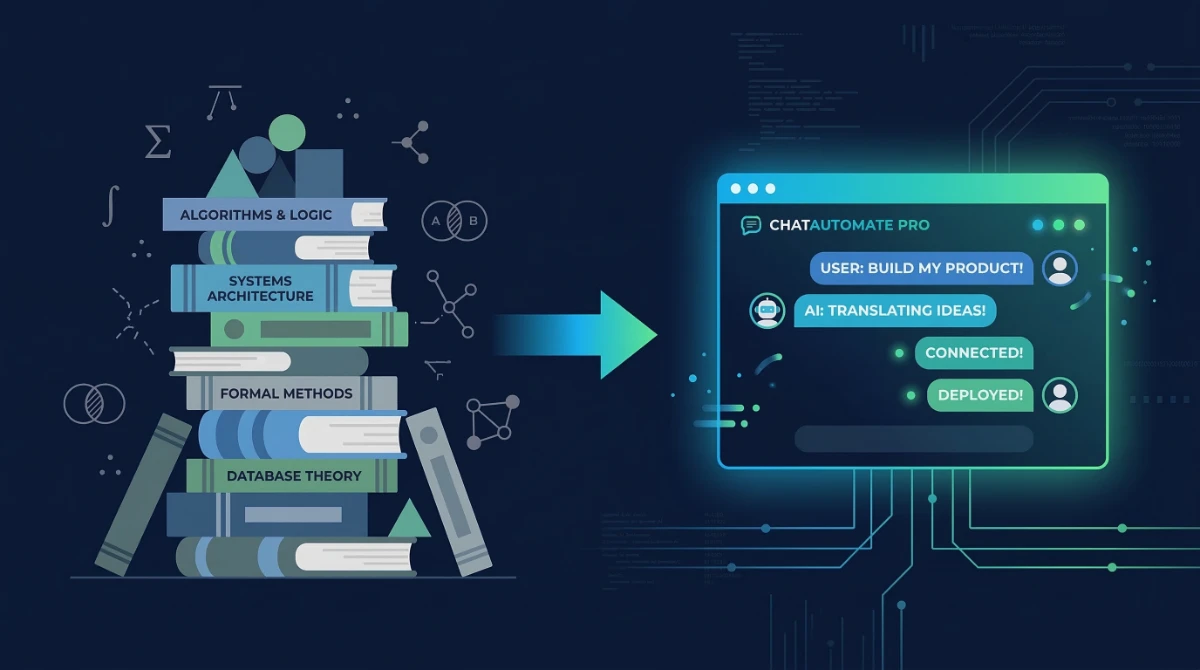 Illustration contrasting a stack of theory books with a glowing finished chat application