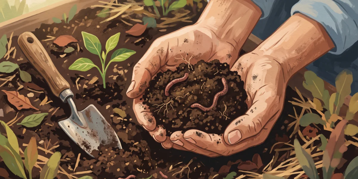 Illustration of two hands cupping crumbly garden soil with visible earthworms, a trowel and seedling nearby