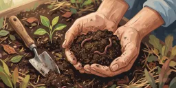 Illustration of two hands cupping crumbly garden soil with visible earthworms, a trowel and seedling nearby