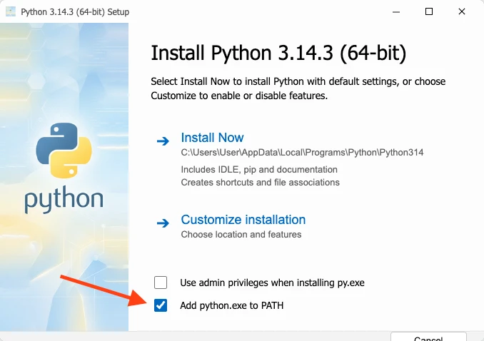 Check Add to Path for python.exe